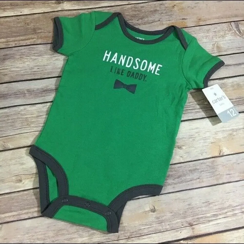 Carter's Boys Bodysuit Size 12 Months Green Gray Handsome Like Daddy Bow Tie NEW